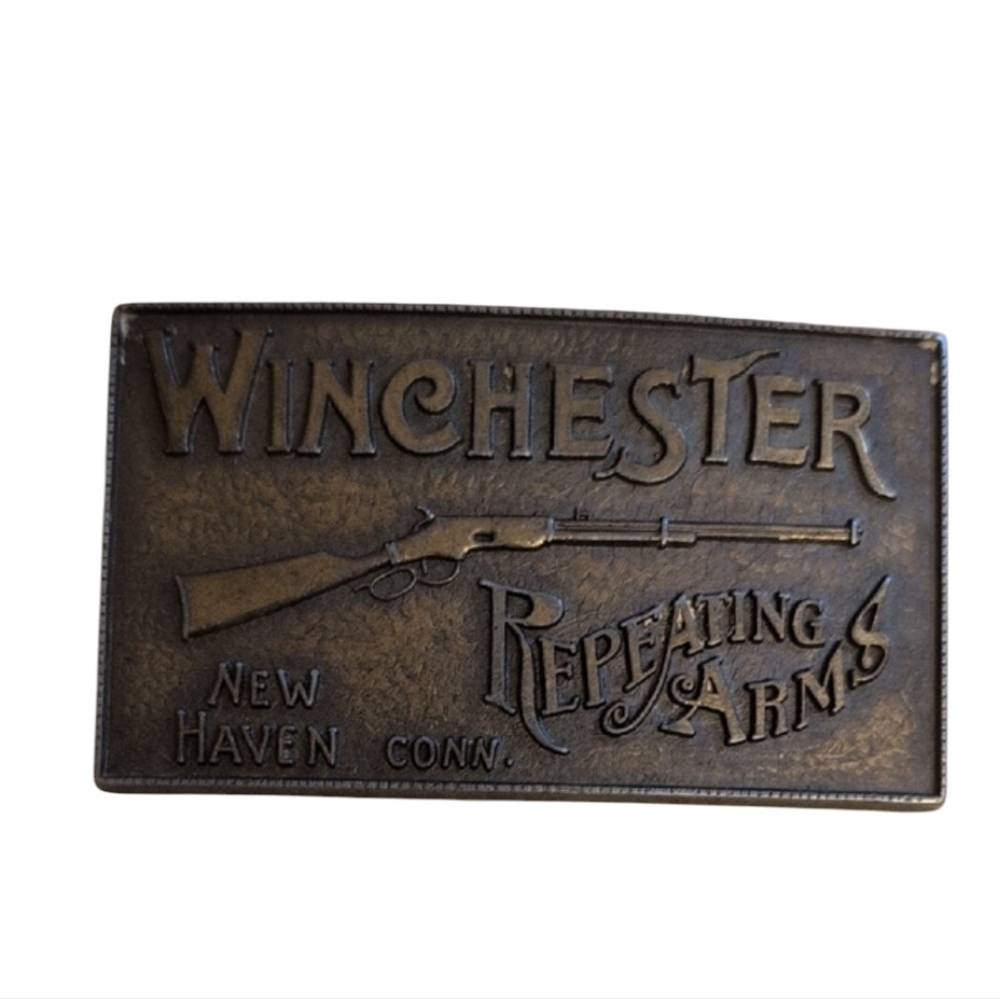 Vintage Solid Brass Belt Buckle Winchester Repeating Arms New Haven CT